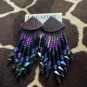Vintage 90’s Beaded Statement Earrings with Purple and Black Accents